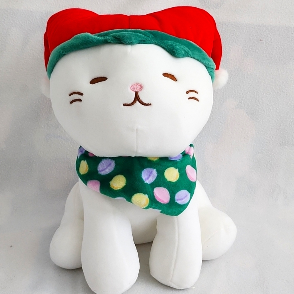 White kitten with Santa hat and scarf plush, 10.5"